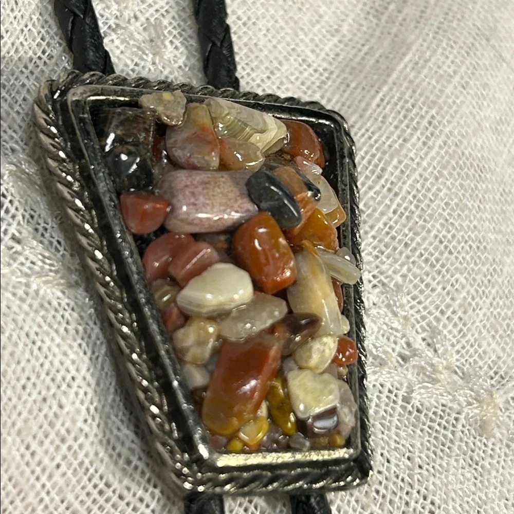 Vintage Bolo tie western leather, ornate medallion natural agate, jasper, etc